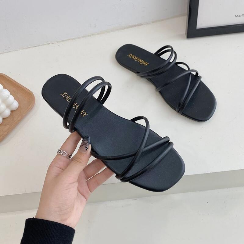 

Solid Skinny Strap Slide Sandals, Black