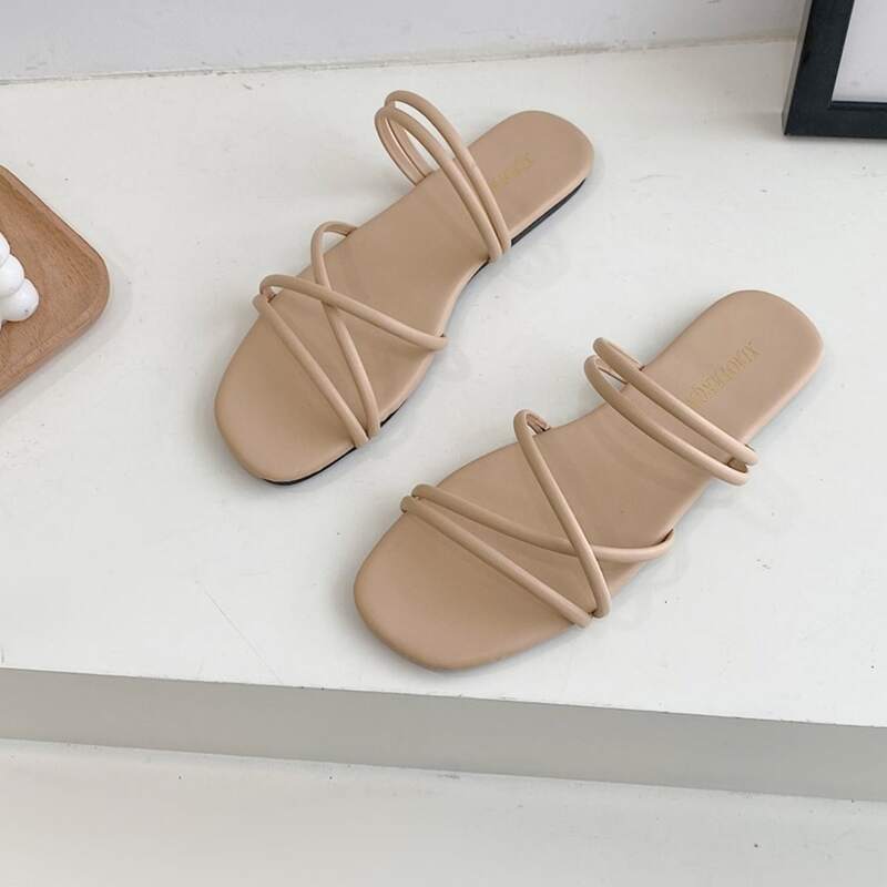 

Solid Skinny Strap Slide Sandals, Brown