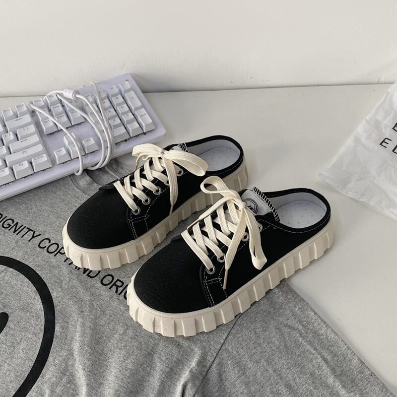 

Lace-up Canvas Sneaker Mules, Black