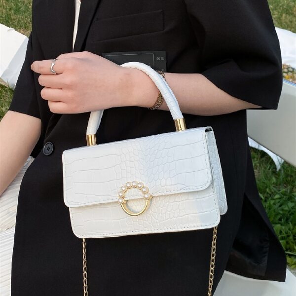 

Faux Pearl Decor Croc Embossed Satchel Bag, Beige