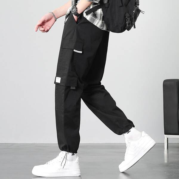 

Men Letter Patched Drawstring Hem Cargo Pants, Black