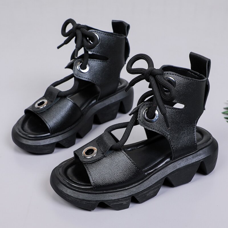 

Lace-up Front Lug Sole Sandals, Black