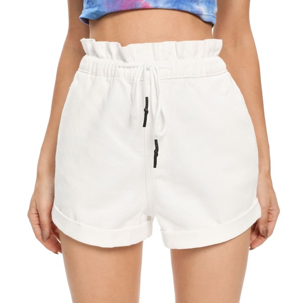 

Drawstring Paper Bag Waist Denim Shorts, White