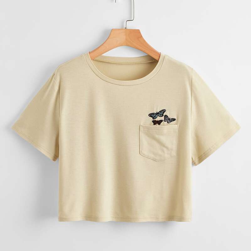 

Butterfly Embroidery Pocket Crop Tee, Khaki