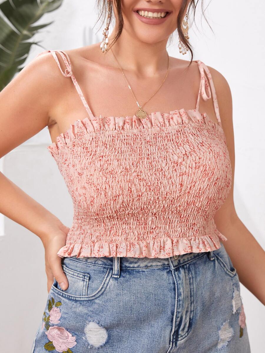 Plus Ditsy Floral Shirred Cami Top - Baby Pink - View 1