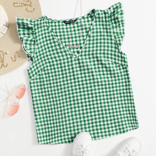 

Gingham Butterfly Sleeve Top, Green