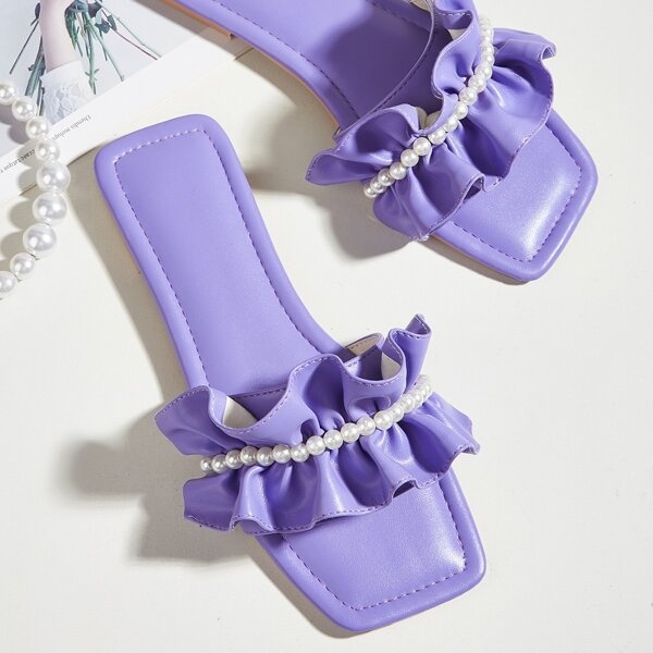 

Faux Pearl & Ruffle Decor Slide Sandals, Purple