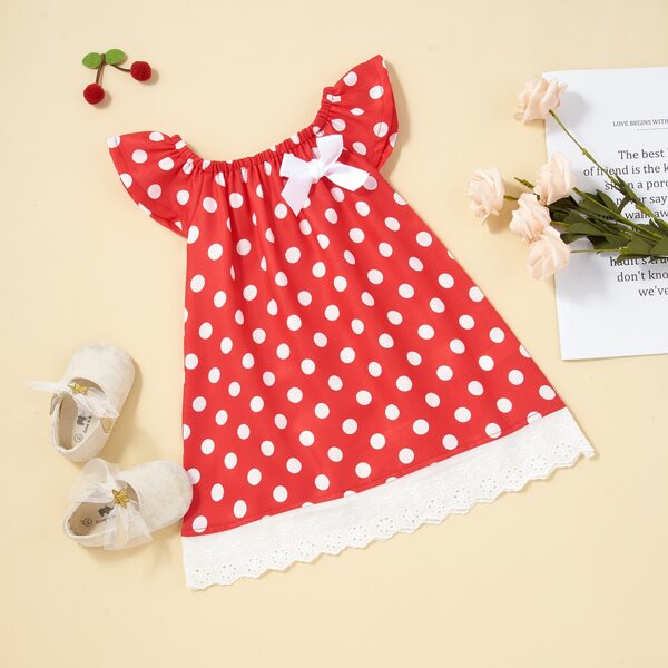 

Baby Girl Eyelet Embroidery Hem Polka Dot Dress, Red