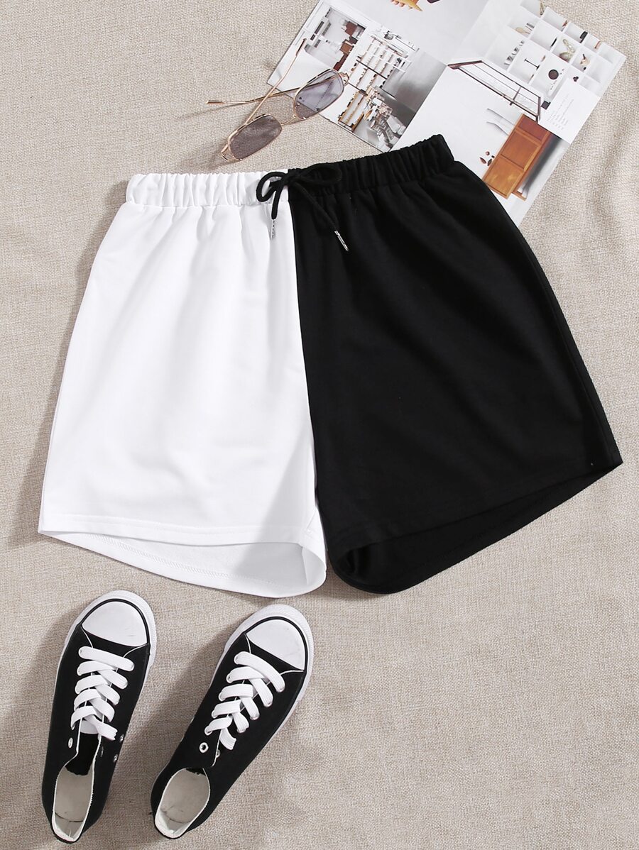 Two Tone Elastic Waist Shorts - Black and White - View 1