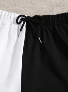 Two Tone Elastic Waist Shorts - Black and White - View 3