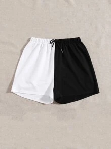 Two Tone Elastic Waist Shorts - Black and White - View 4