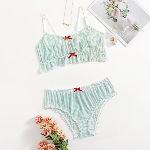 

Rabbit Print Lettuce Trim Lingerie Set, Mint green