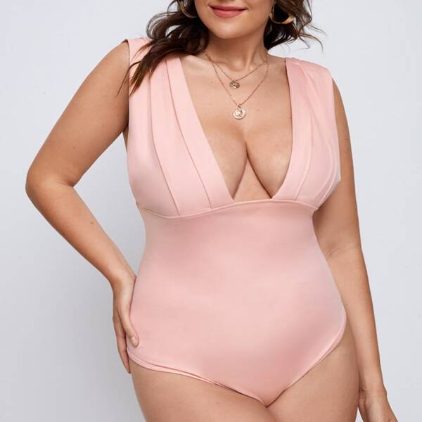 

Plus Plunging Neck Solid Bodysuit, Baby pink