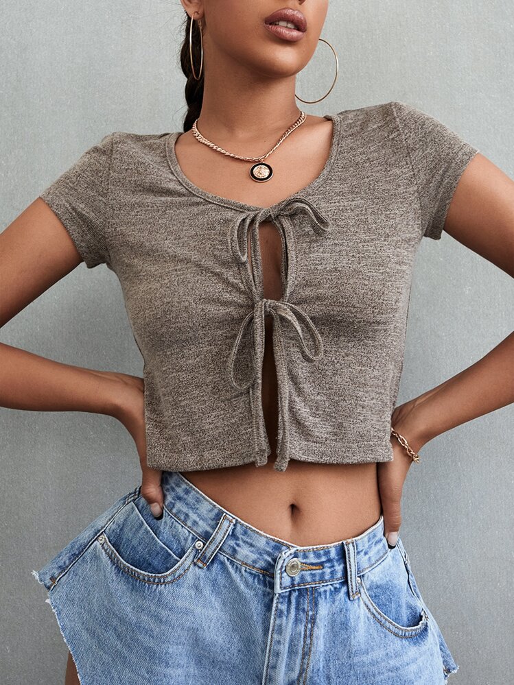 Tie Front Solid Crop Top | SHEIN USA