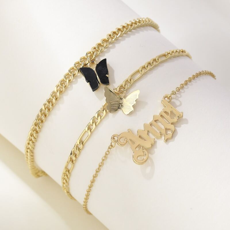 

Letter & Butterfly Layered Anklet, Black