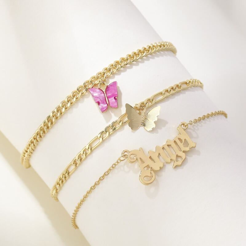 

Letter & Butterfly Layered Anklet, Pink