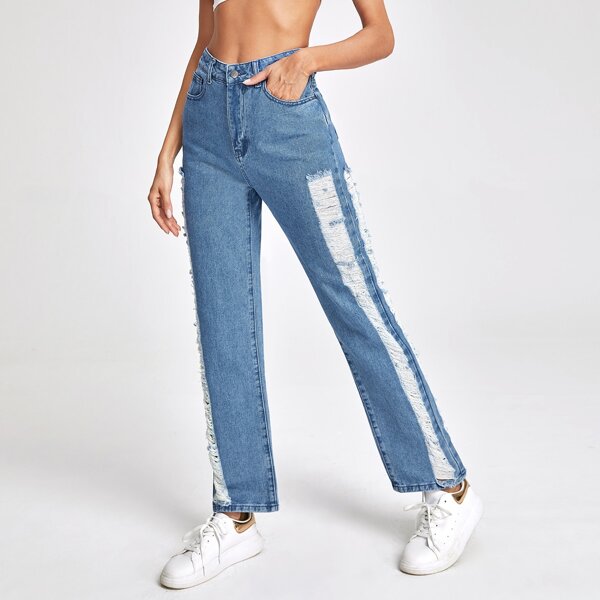 

Distressed Ripped Straight Leg Jeans, Medium wash