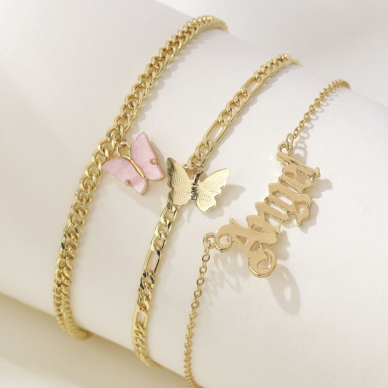 

Letter & Butterfly Layered Anklet, Pink