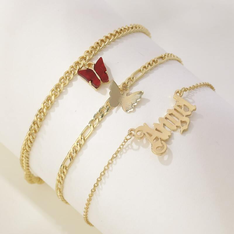 

Letter & Butterfly Layered Anklet, Red
