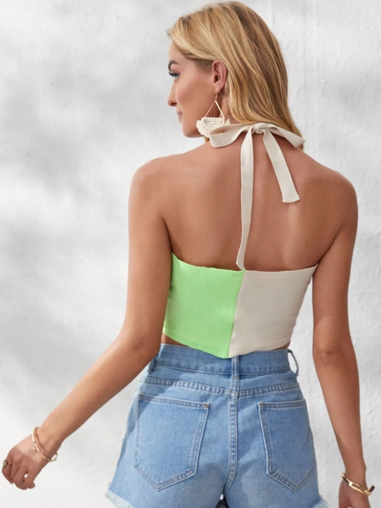 Color Block Criss Cross Halter Knit Top