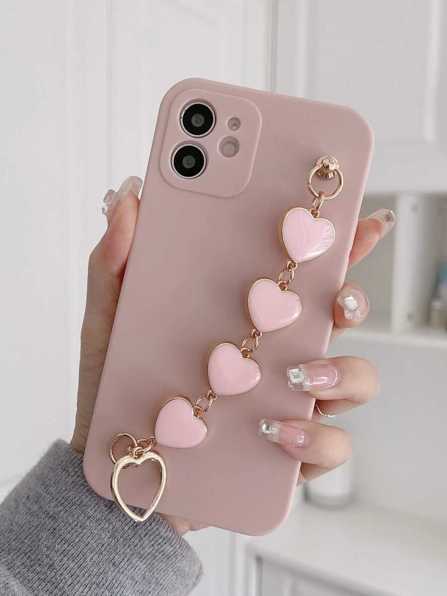 Phone Case With Heart Decor Handstrap - Dusty Pink - View 1