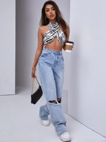 Halterneck Tie Backless Zebra Stripe Crop Top - Black and White - View 4