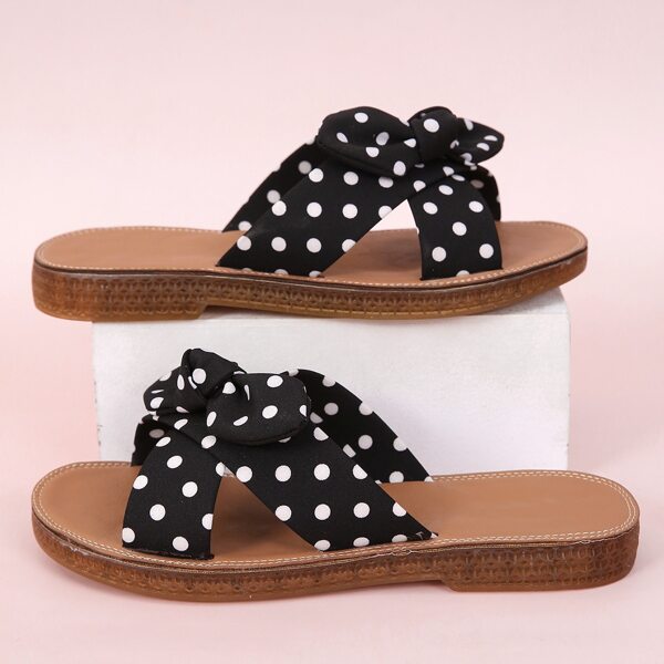 

Polka Dot Graphic Bow Decor Slide Sandals, Black and white