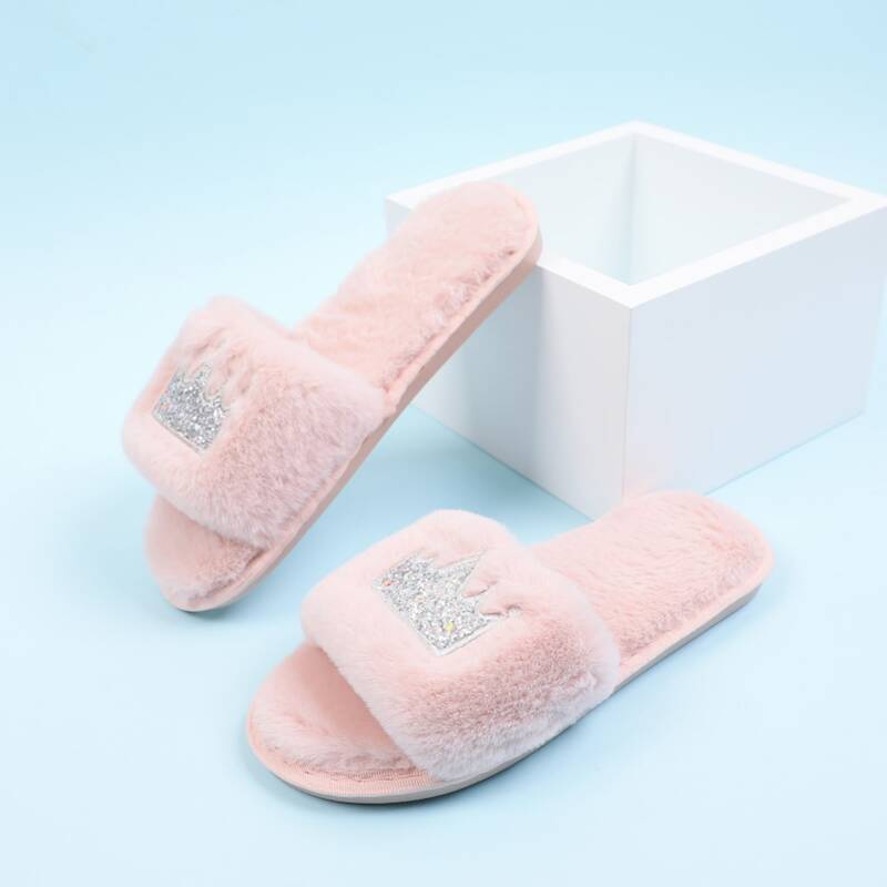 

Glitter Decor Fluffy Slippers, Pink