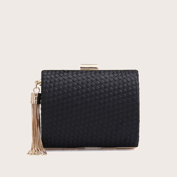 

Tassel Decor Braided Embossed Box Bag, Black