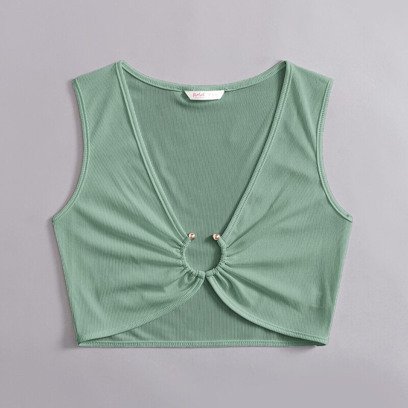 

Solid Ring Decor Ribbed Tank Top, Green