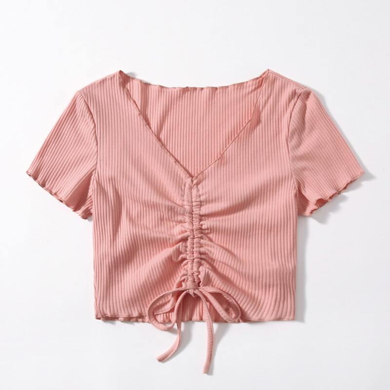 

Lettuce Edge Drawstring Crop Top, Pink