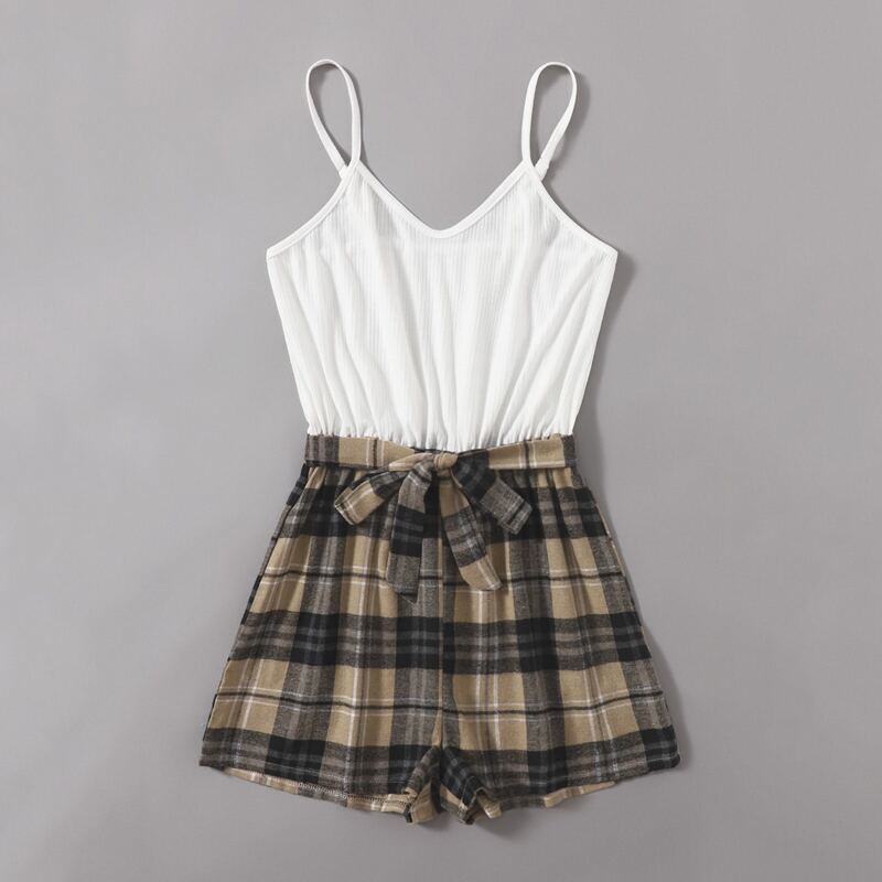 

Plaid Belted Cami Romper, Multicolor