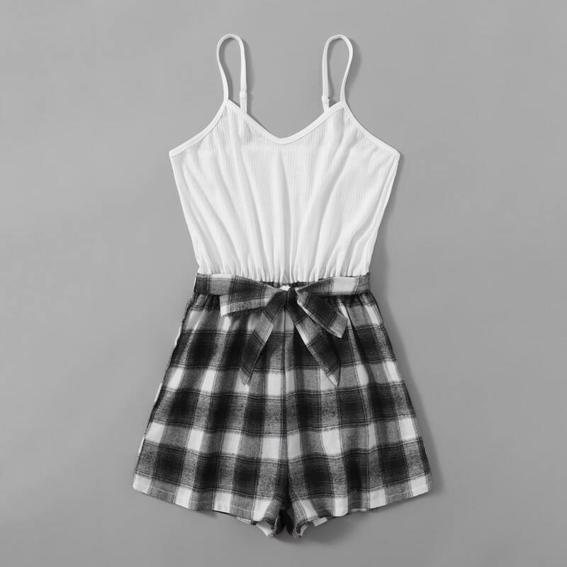 

Plaid Tie Front Cami Romper, Black and white
