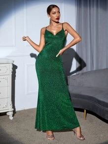Vestido de tirantes brillante de sirena - Verde - Ver 3