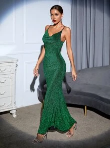 Vestido de tirantes brillante de sirena - Verde - Ver 4