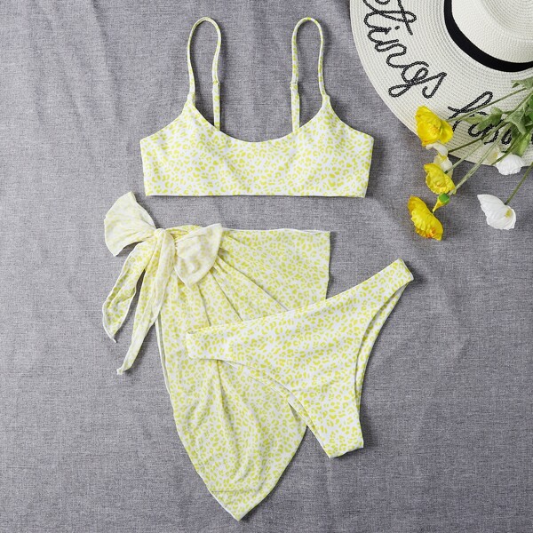 

3pack Leopard Bikini Swimsuit & Beach Skirt, Yellow
