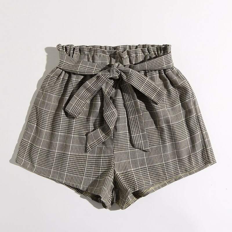 

Plaid Belted Shorts, Grey