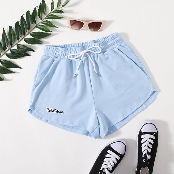 

Letter Patched Drawstring Waist Track Shorts, Baby blue