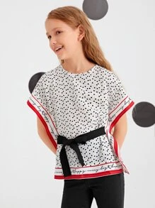 SHEIN Áo cánh Gái Thắt lưng Lá thư Giải trí - trắng - Xem 4