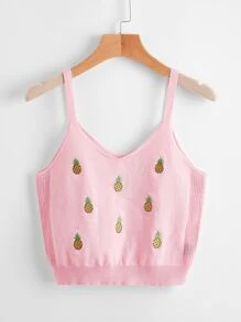 鳳梨刺繡針織吊帶上衣 - 淺粉色 - 查看 1