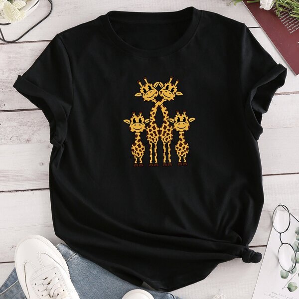

Cartoon Giraffe Print Tee, Black