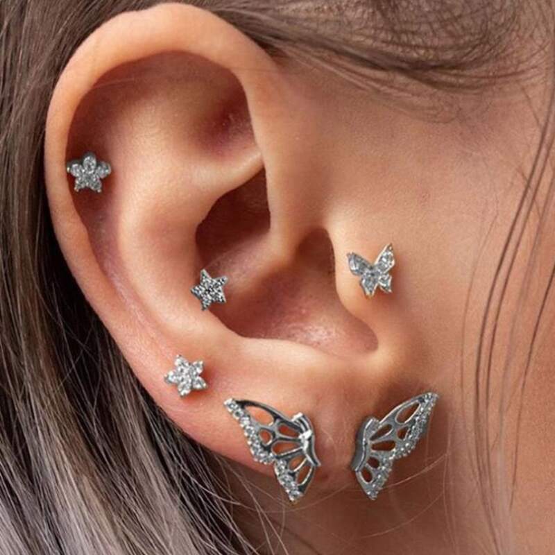 

6pcs Butterfly & Star Earring, Silver