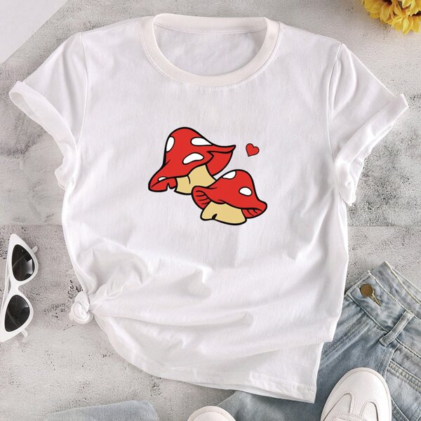 

Mushroom And Heart Graphic Tee, White