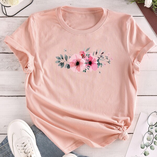 

Floral Print Short Sleeve Tee, Baby pink