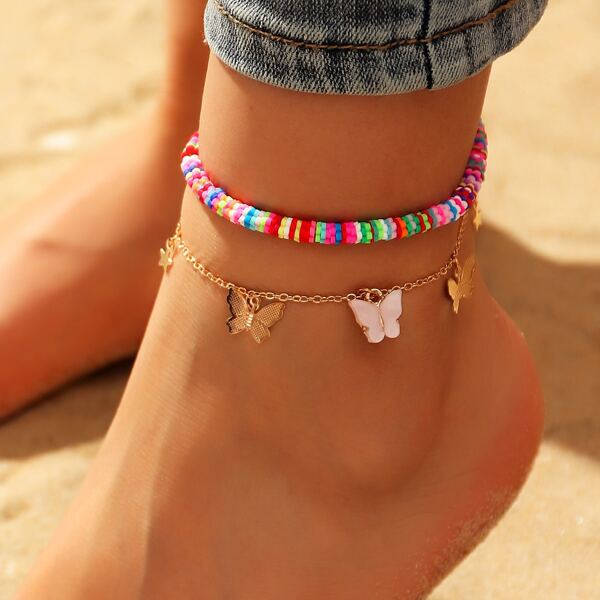 

2pcs Butterfly Charm Anklet, Multicolor