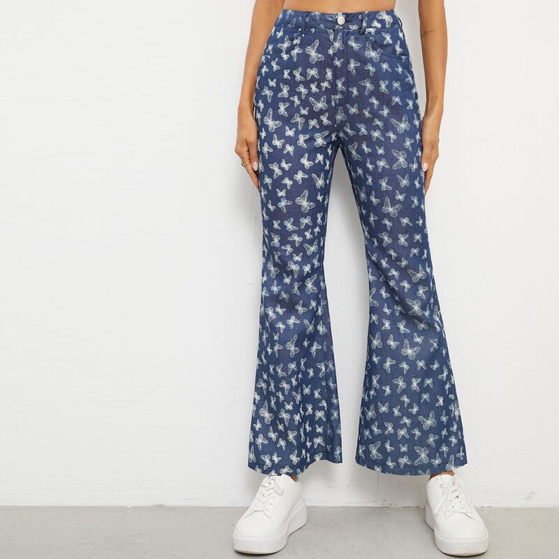 

Butterfly Print Flare Leg Pants, Navy blue