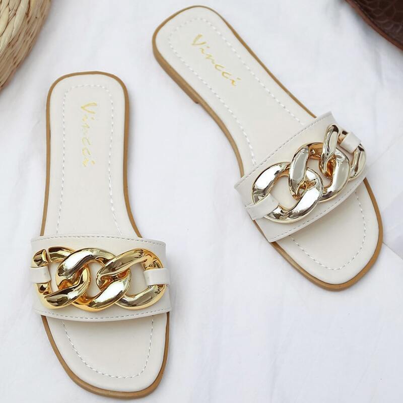 

Chunky Chain Slide Sandals, Beige