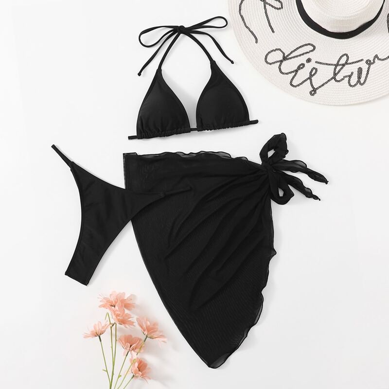 

3pack Solid Bikini Swimsuit With Beach Skirt, Black