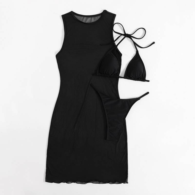 

3pack Solid Bikini Swimsuit With Cover Up, Black