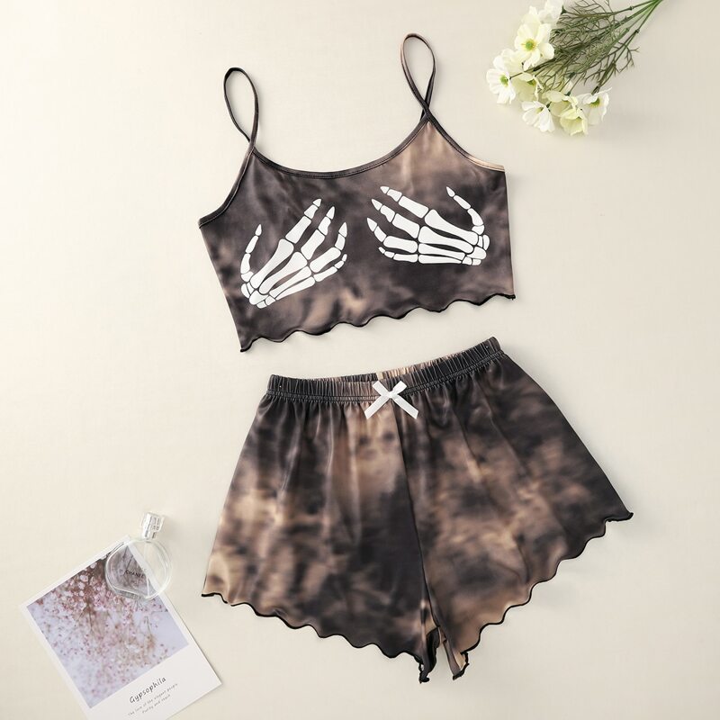 

Skeleton Hand Print Tie Dye Pajama Set, Brown